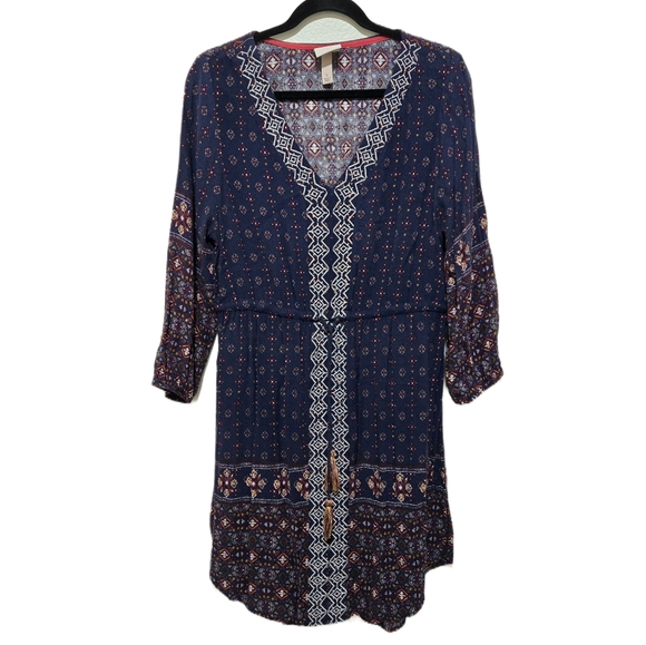 Knox Rose Boho Print Dress Embroidery Blue Midi Size Large - Picture 10 of 16